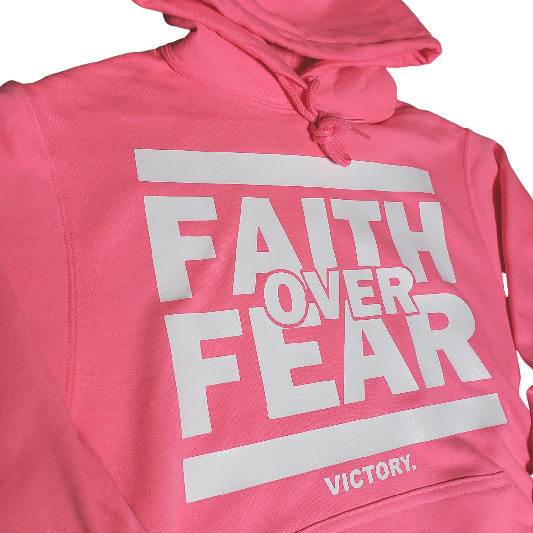 Faith Over Fear Pullover Hoodie (Soft Pink and White)