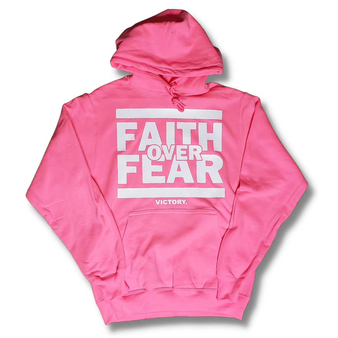 Faith Over Fear Pullover Hoodie (Soft Pink and White)